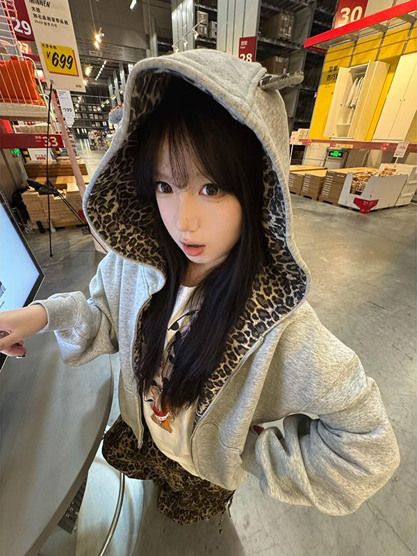 Leopard Print Women Hooded Cardigan Jacket