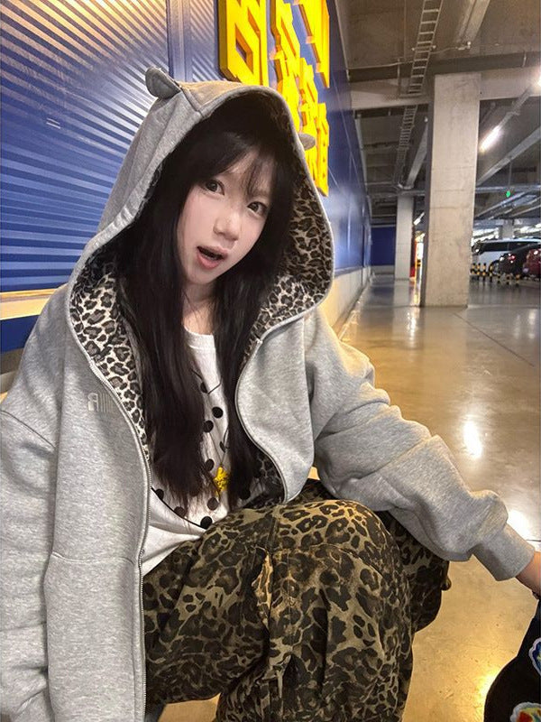 Leopard Print Women Hooded Cardigan Jacket