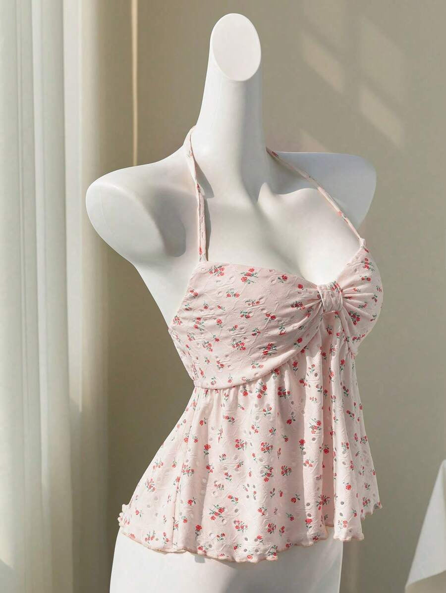 Floral Lace-Up Babydoll Camisole Top