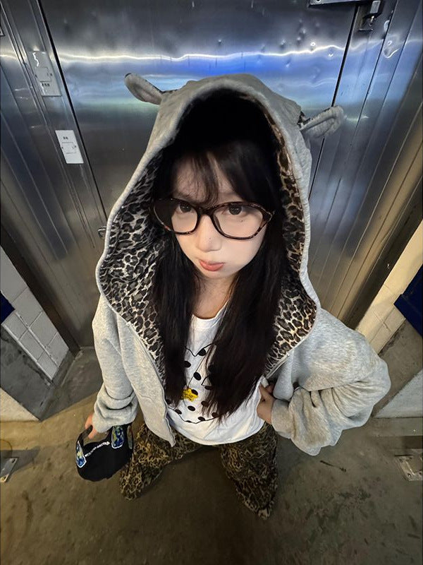 Leopard Print Women Hooded Cardigan Jacket