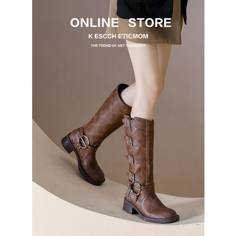 Women's Buckle Down Boots Knee High Boots