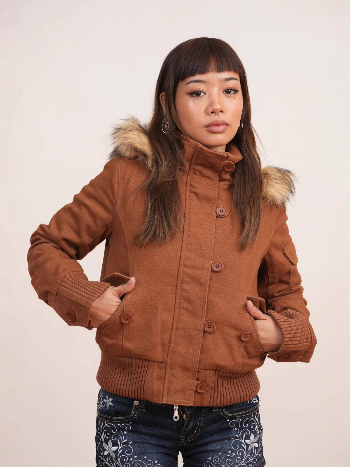 Womens Hooded Short Jacket with Detachable Fur Collar